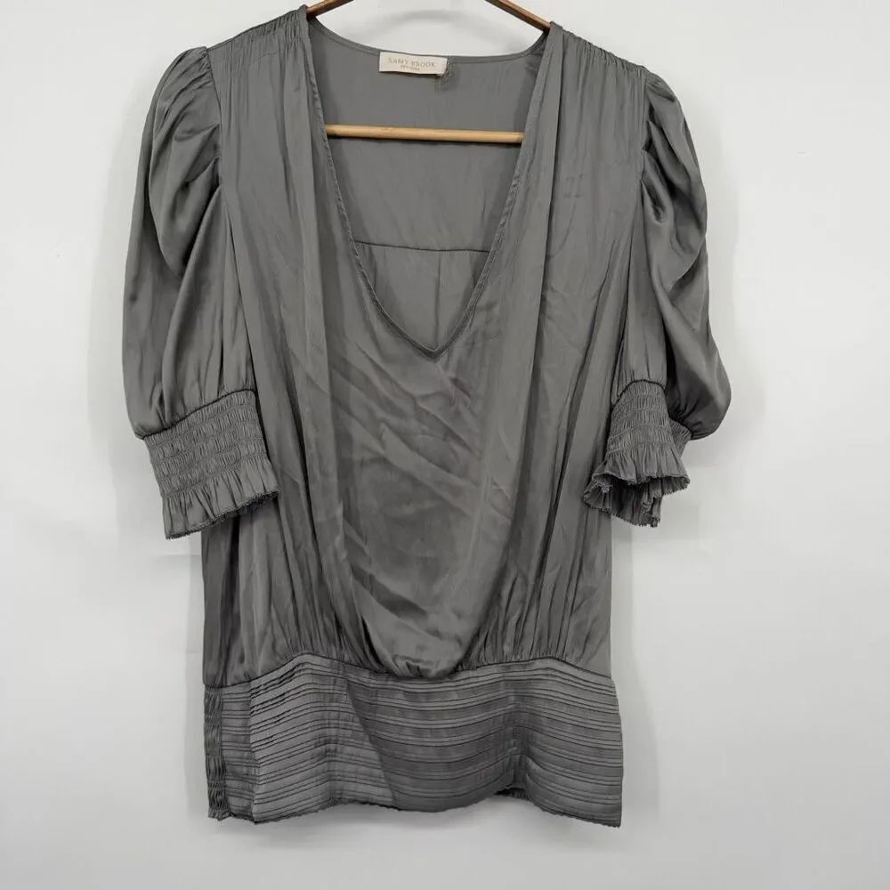 Ramy Brook Gray Flora Satin Deep V-Neck Puffed Sleeve Smocked Waist Blouse Small